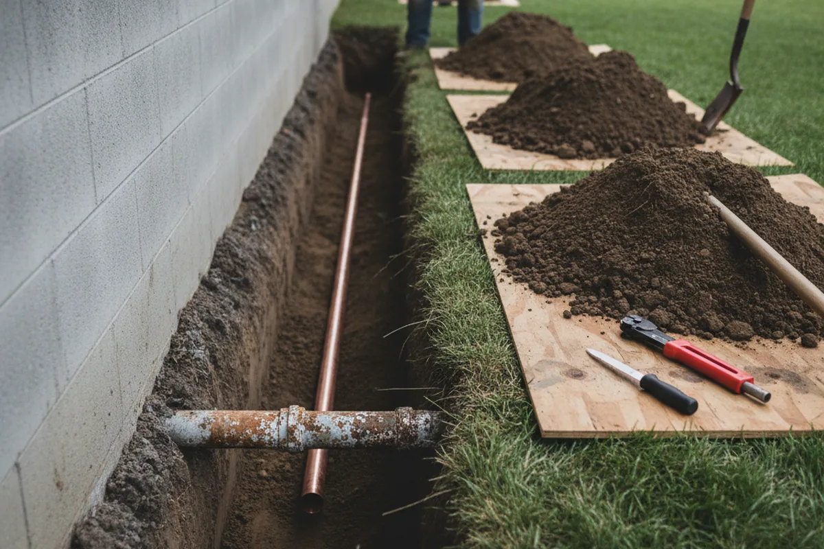 Excavated water line trench during Water Softener Installation in Newfield
